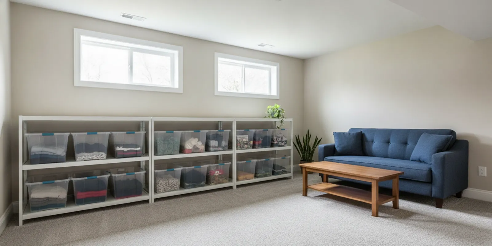 A tidy, bright basement with clear floors and neatly organized storage