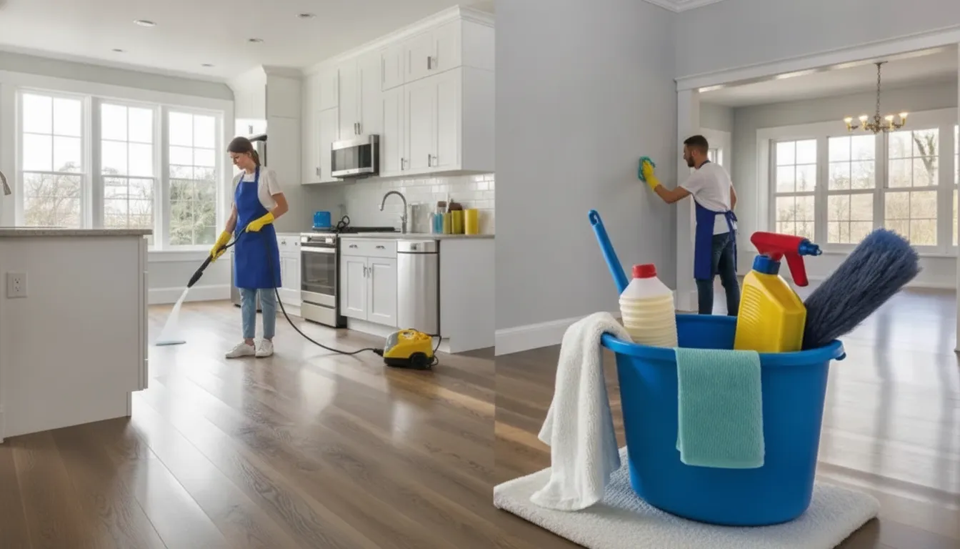 Professional cleaners deep cleaning a kitchen by scrubbing walls and floors