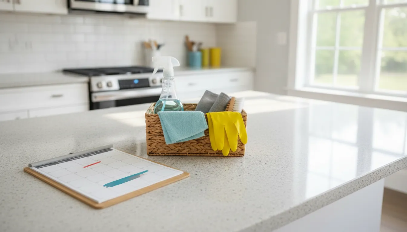 Printed home cleaning schedule on a kitchen counter with a weekly calendar and cleaning caddy