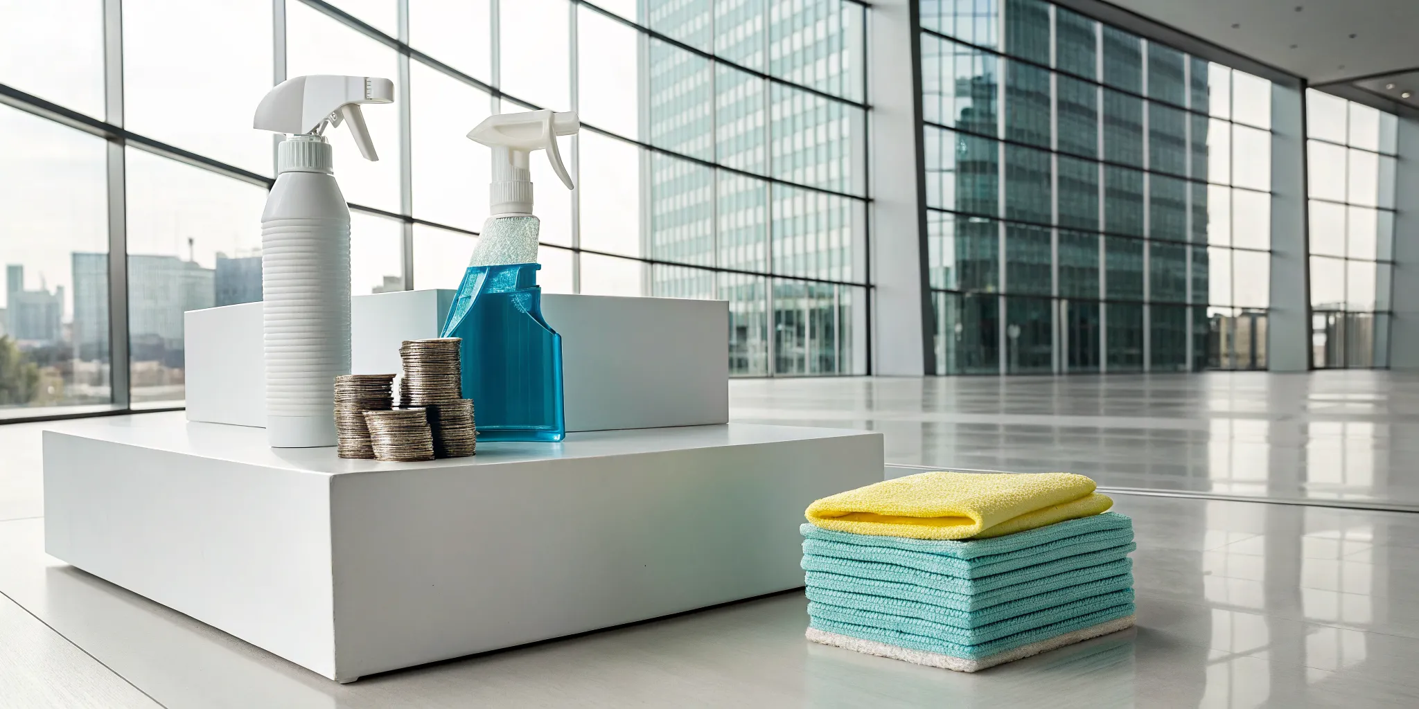 Commercial cleaning prices concept with supplies and stacked coins in a modern office.