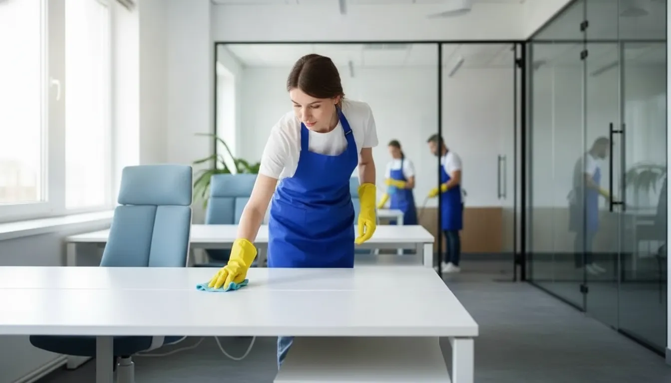 Professional cleaning team member wiping desks in a bright office workspace