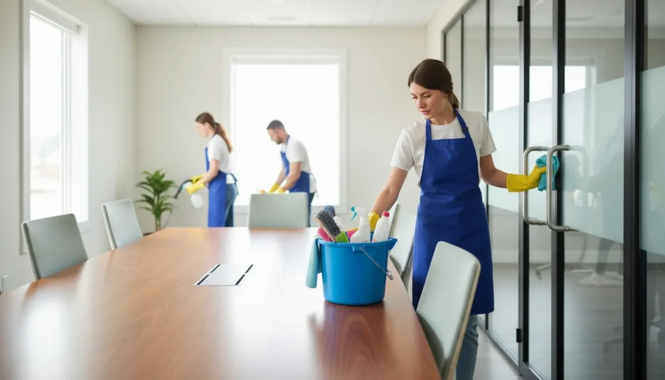 Professional cleaner disinfecting a shared table in a bright office workspace