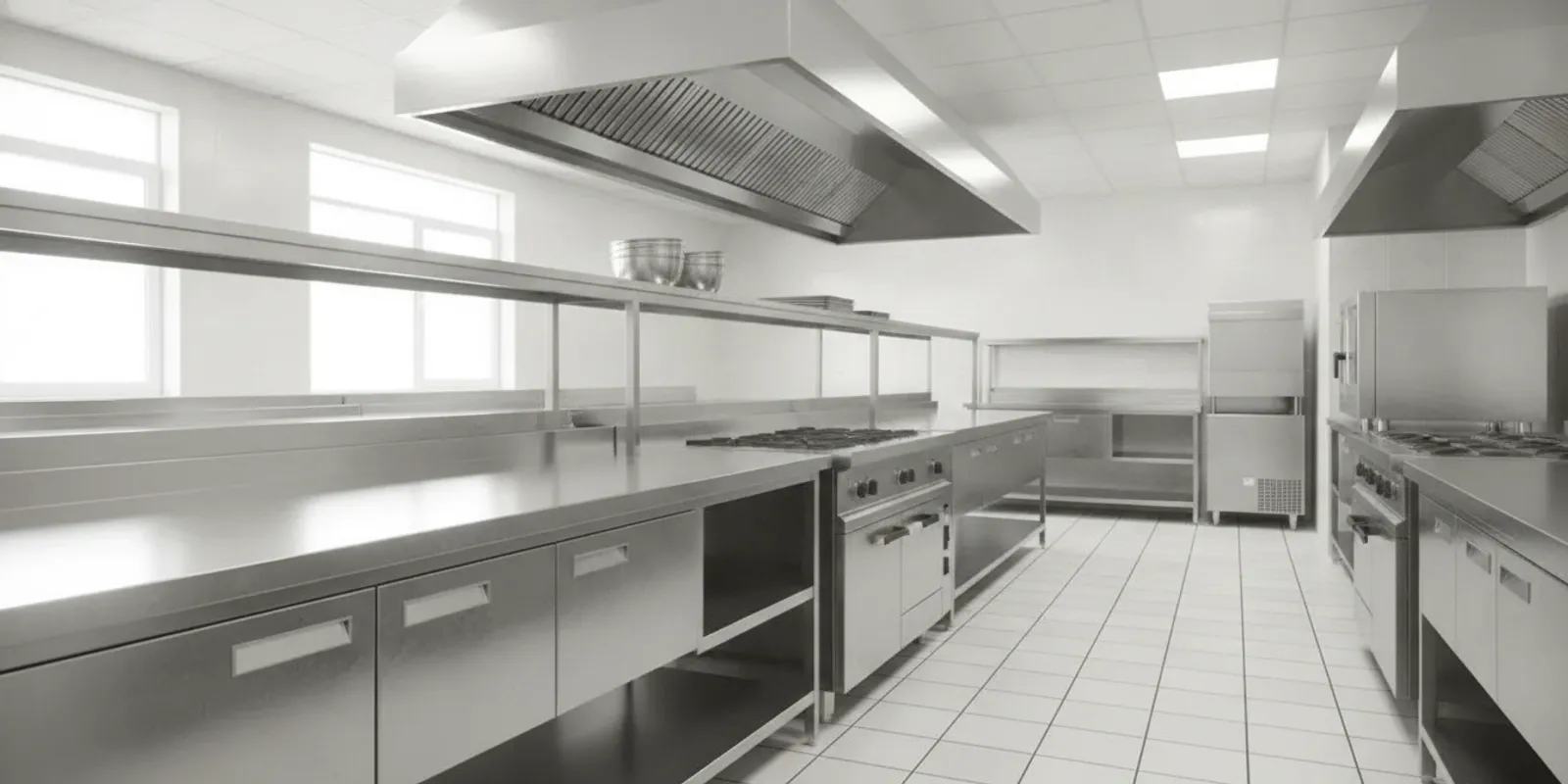 Clean commercial kitchen with stainless-steel counters and cooking equipment