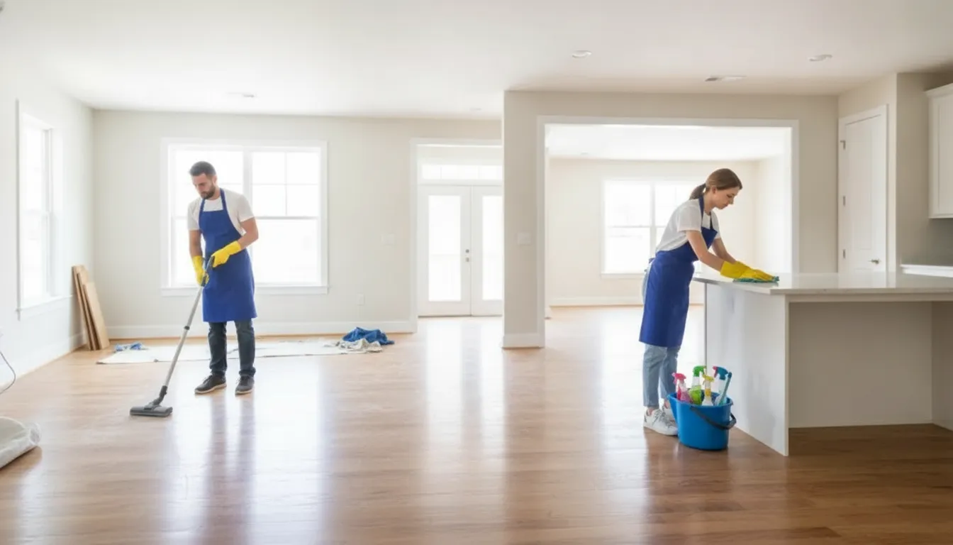 Construction cleaning services team removing dust from a newly finished North Metro Atlanta home