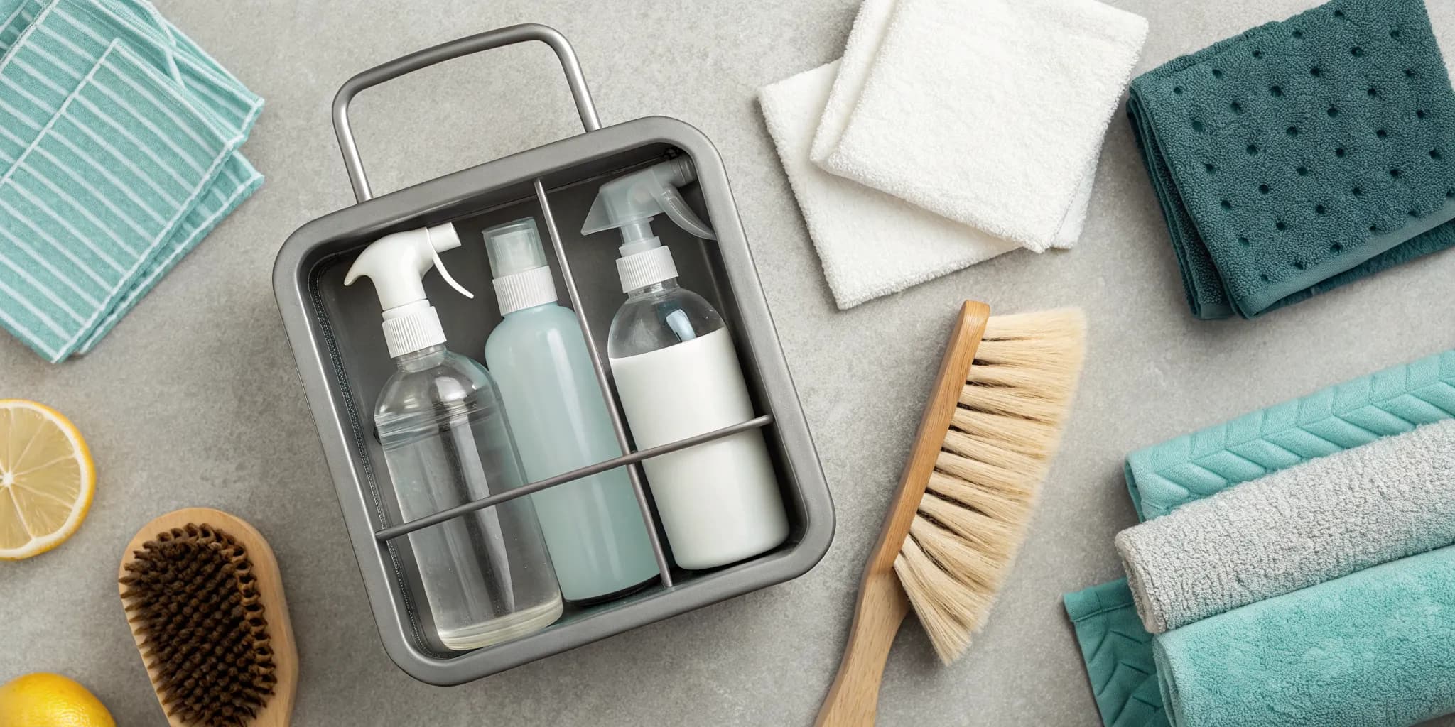 A house deep cleaning checklist with essential supplies like brushes and spray bottles.