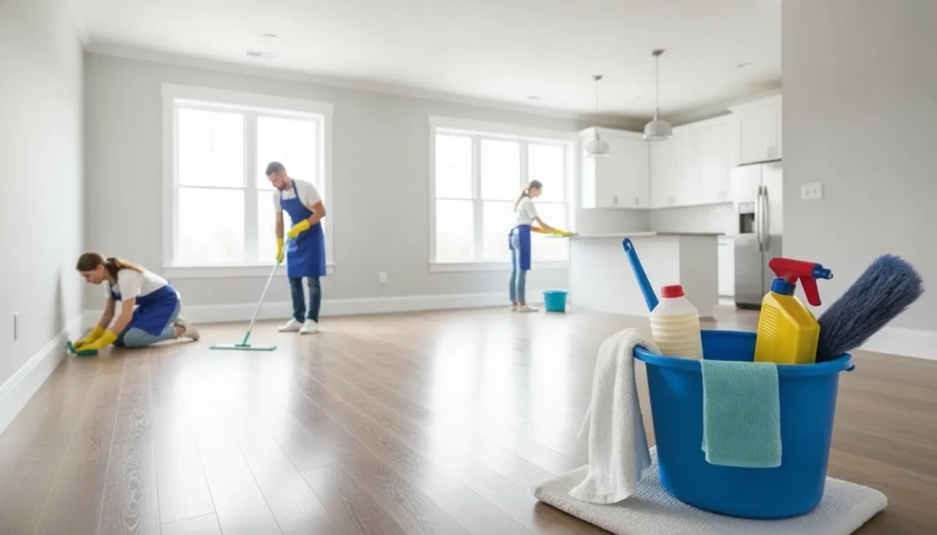 Professional cleaners performing a deep house cleaning service.