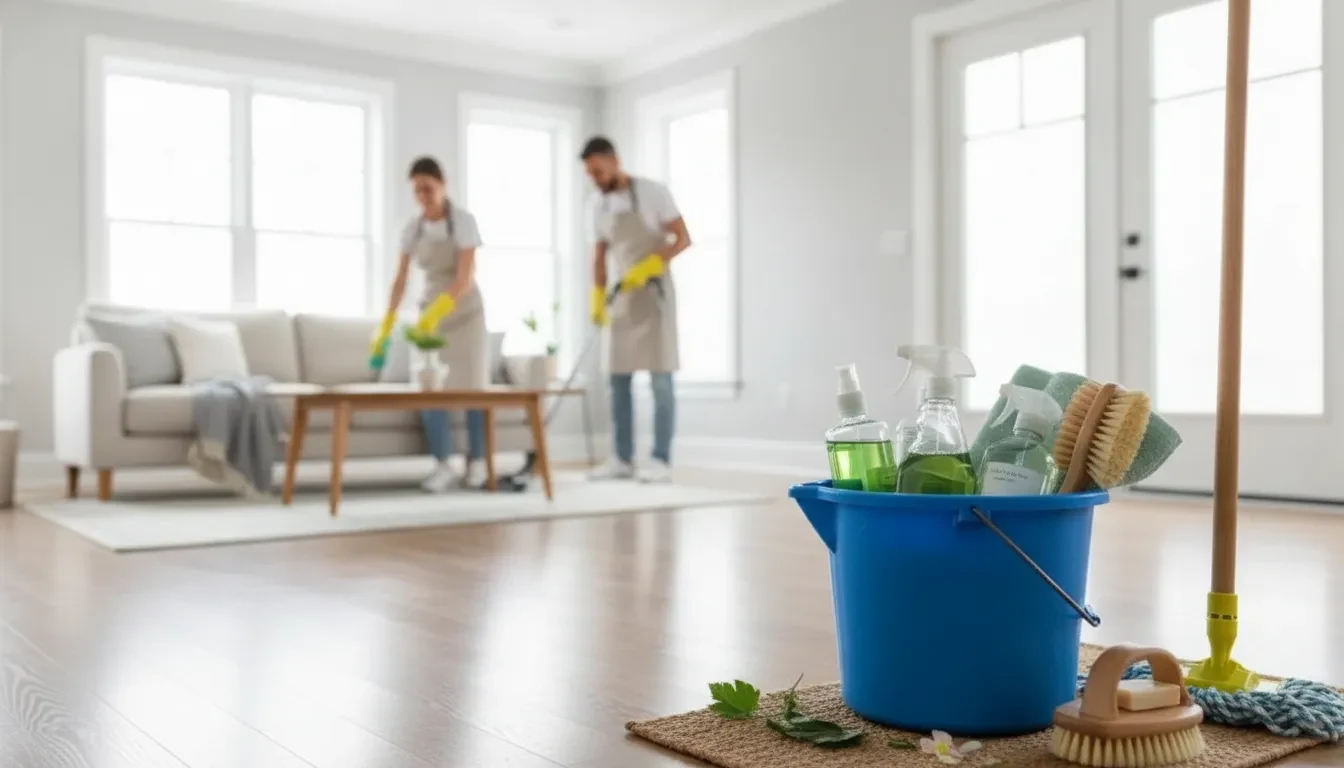 Eco-friendly home cleaning service with plant-based products and reusable tools.