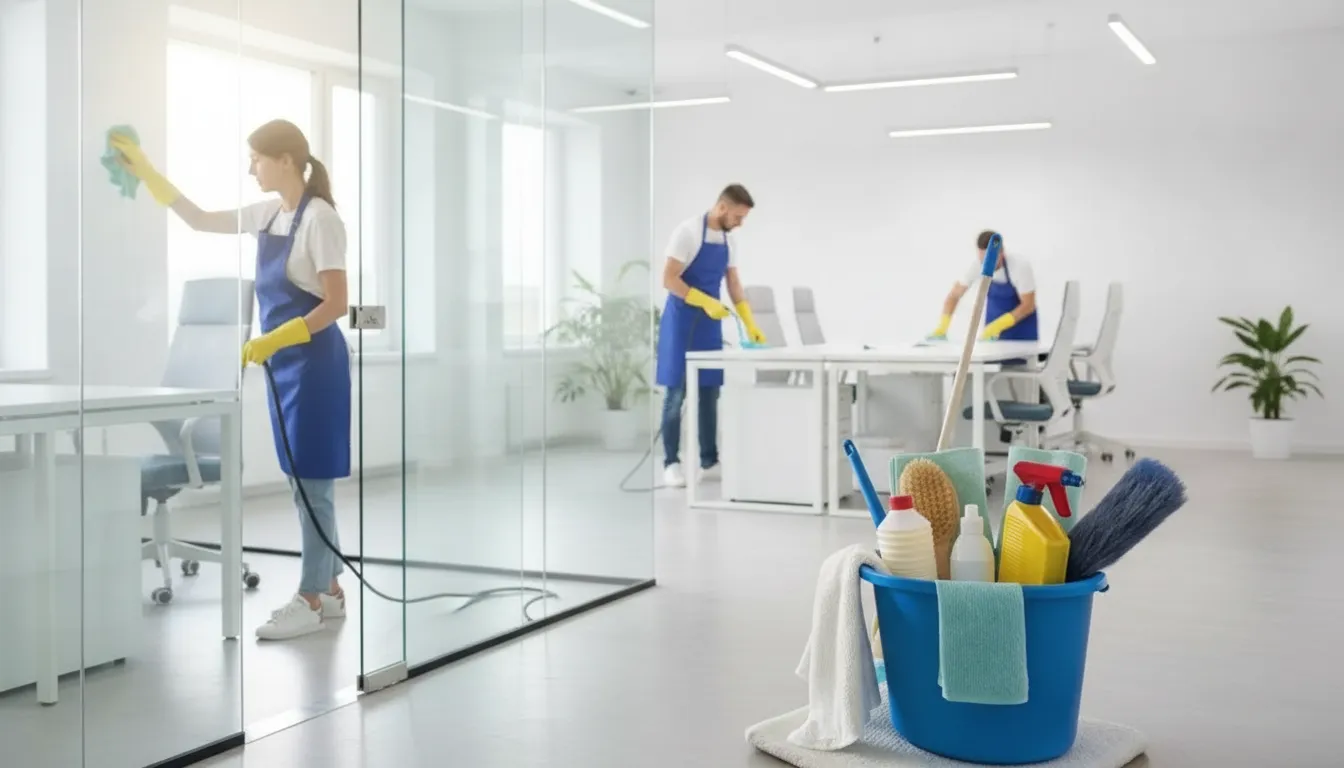A team of eco-friendly house cleaners working in a bright, modern kitchen.