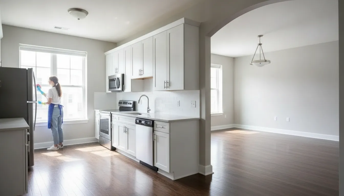 A bright, freshly cleaned apartment kitchen after a move-out deep clean