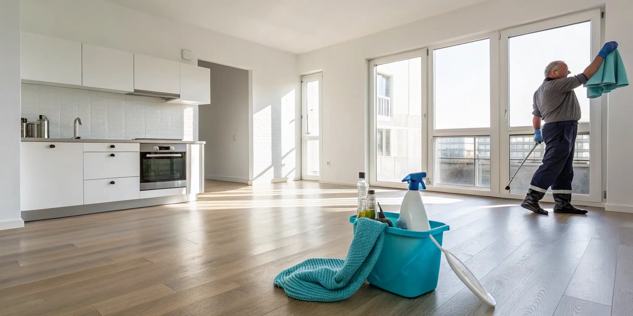 End of lease cleaning in an empty apartment, with a professional washing the windows.