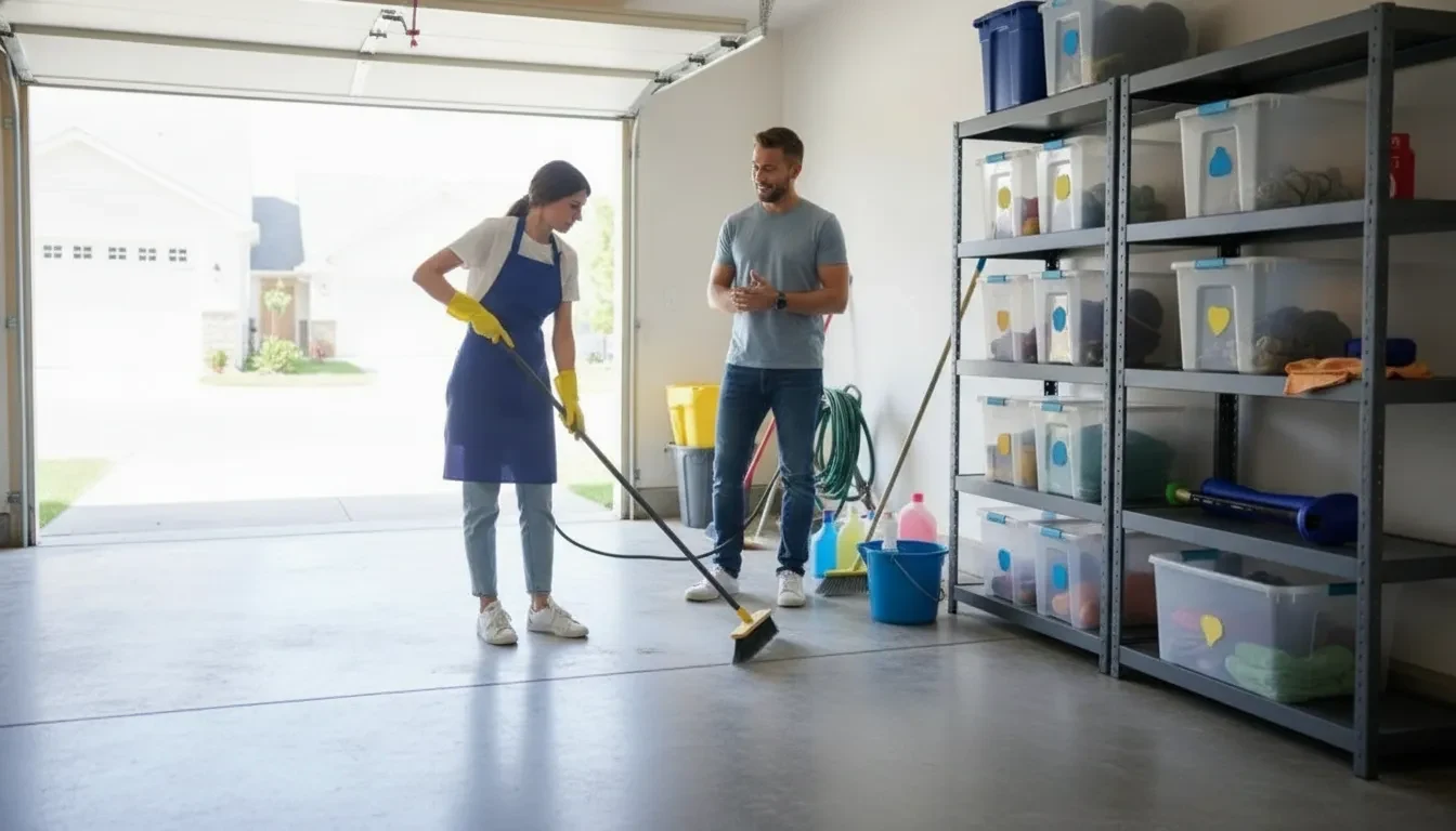 Professional garage cleaning technician organizing a bright suburban garage