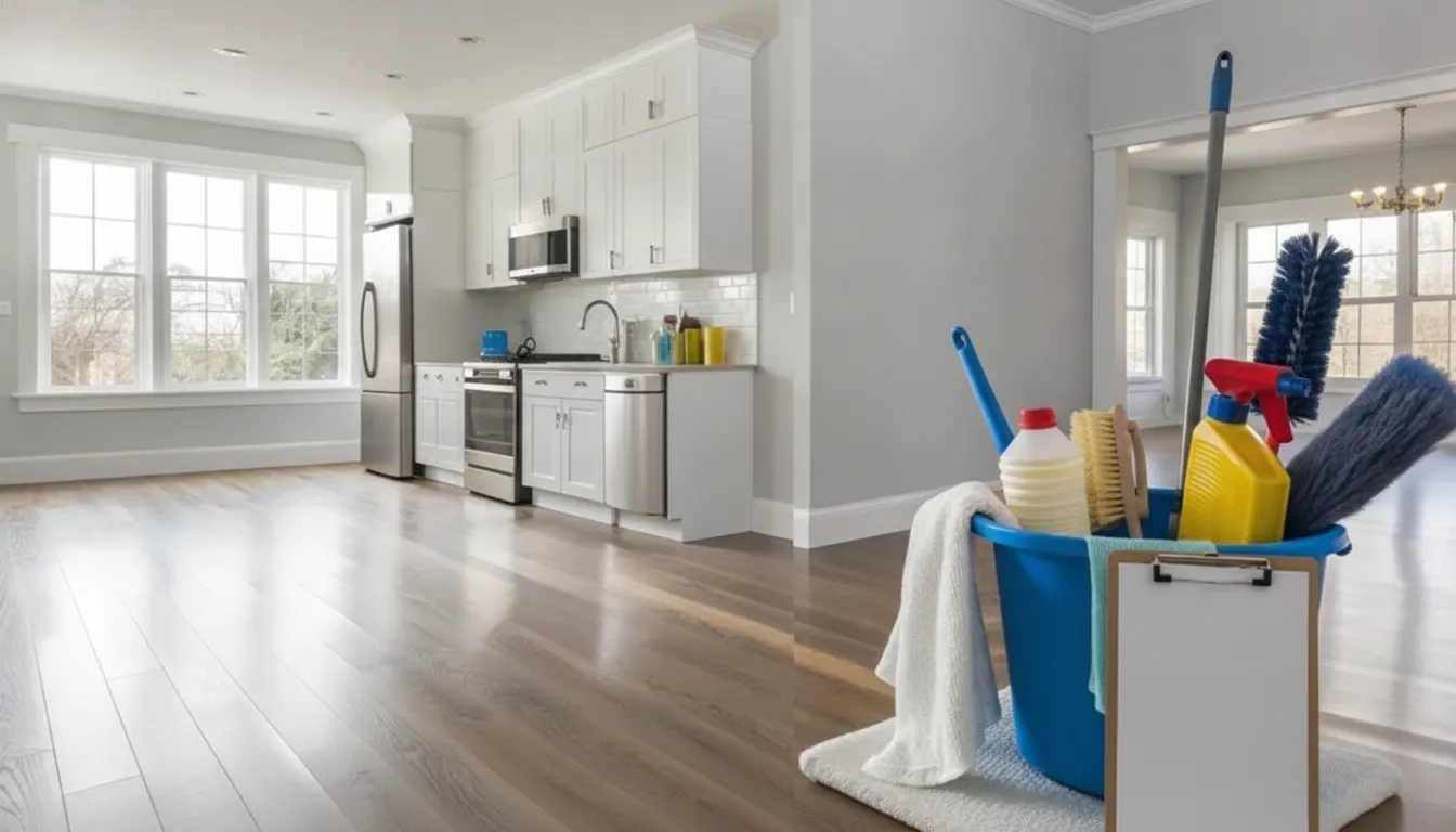 An empty kitchen with a bucket of cleaning supplies ready for a professional move-in clean.