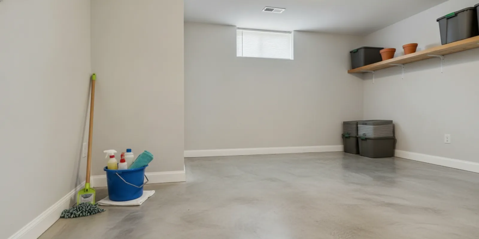 A clean, dry basement floor with a mop and cleaning supplies nearby