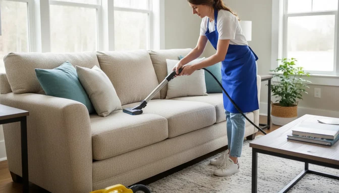 Professional cleaner demonstrating how to clean a couch with a vacuum attachment