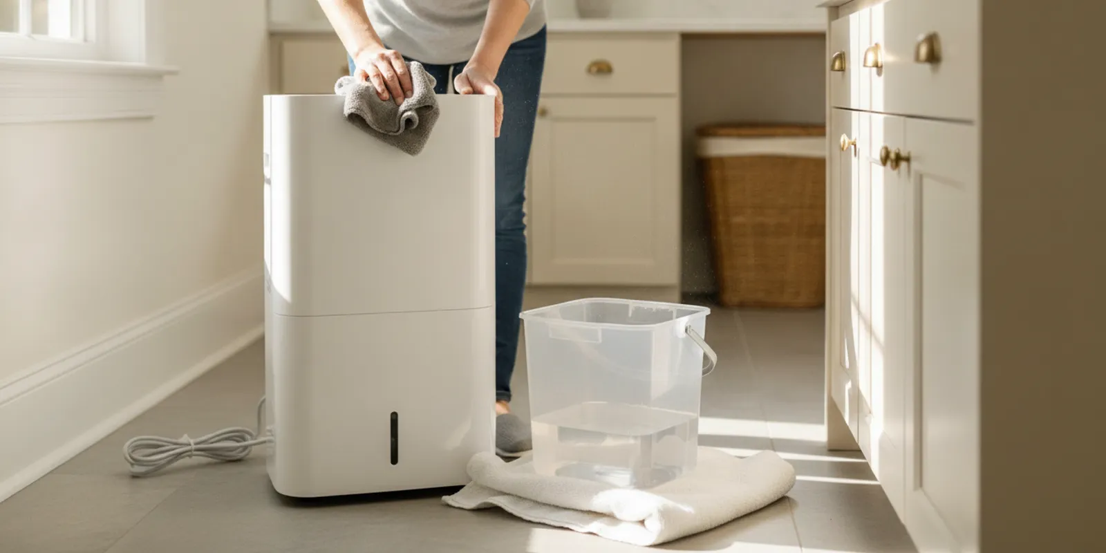 A person wiping the exterior of a household dehumidifier beside its removed water bucket