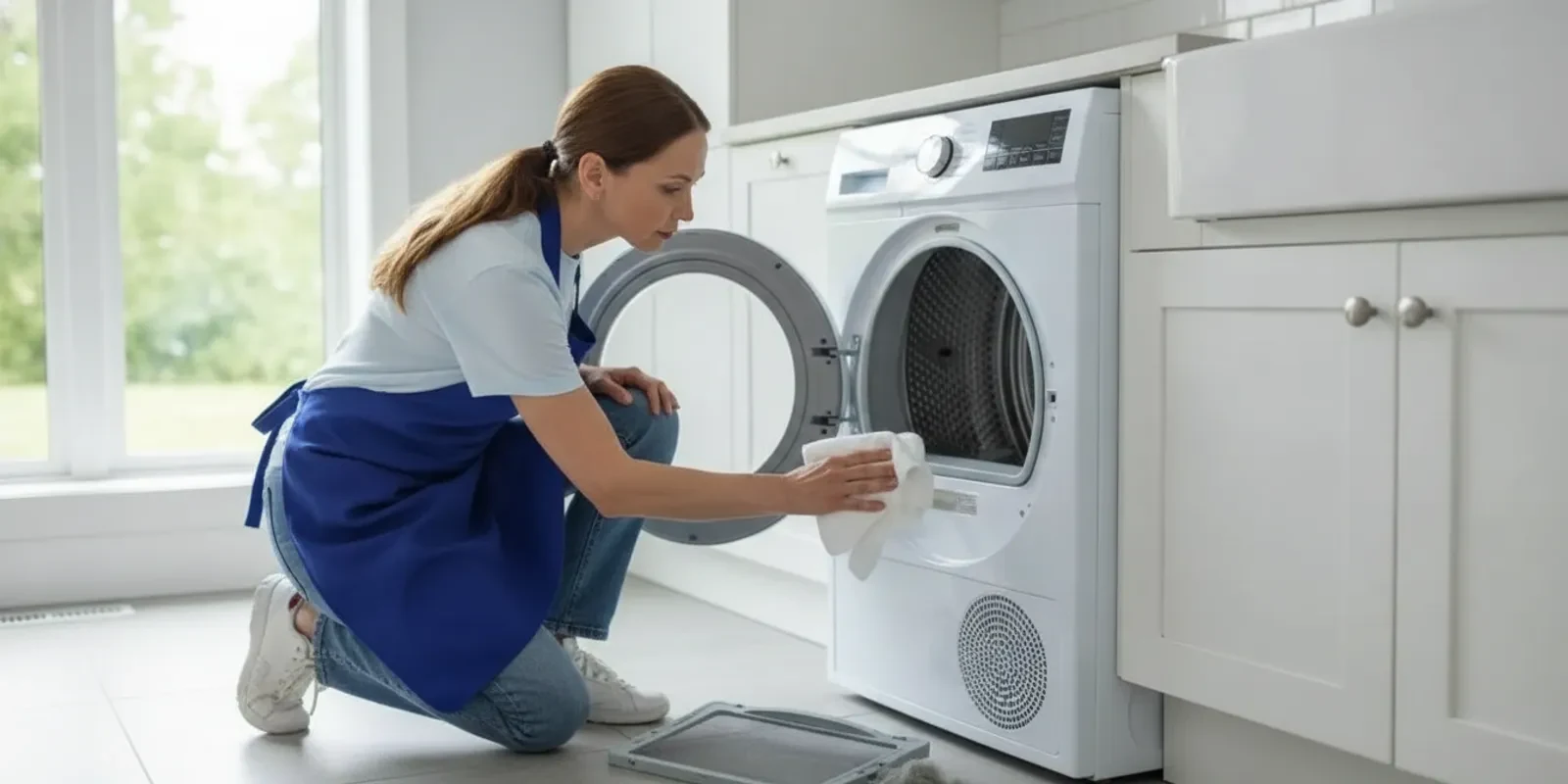 A person carefully wiping the inside of a household clothes dryer drum