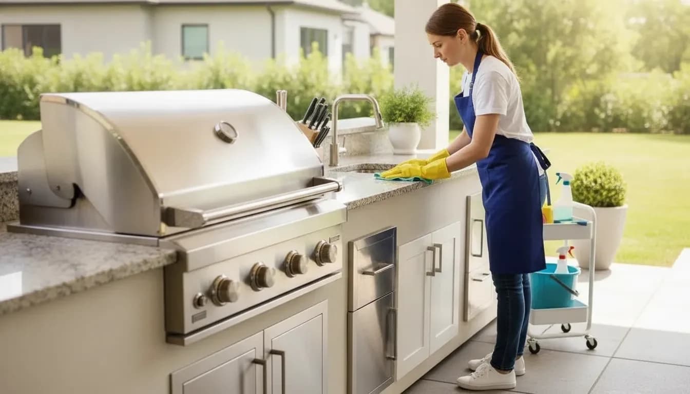 Clean outdoor grill beside a bright residential patio