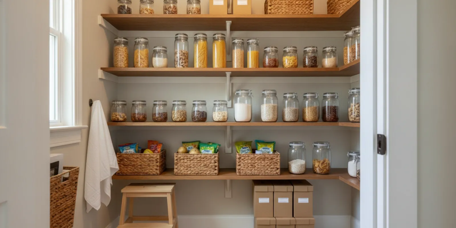 Organized pantry shelves with labeled jars, baskets, and neatly arranged food