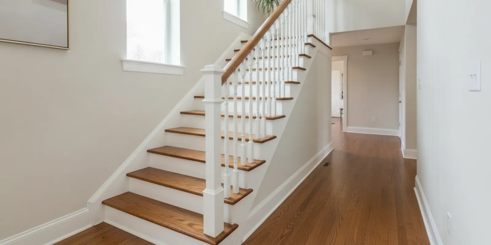 A clean, bright staircase with clear wooden steps and a handrail