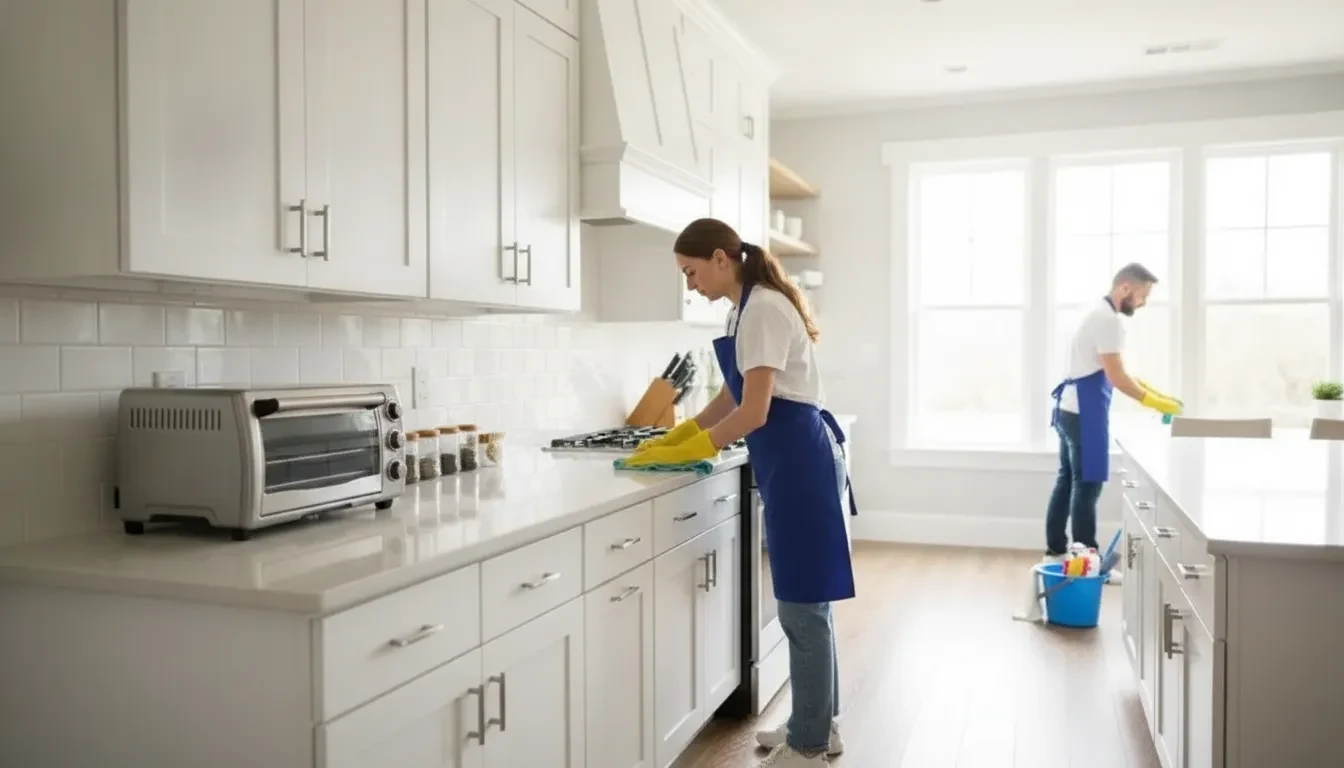 Professional cleaning scene in a bright kitchen with a toaster oven
