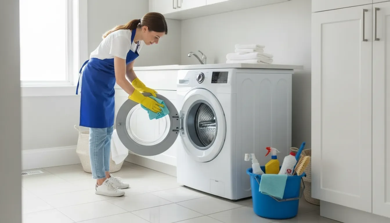 Cleaning the exterior of a washing machine in a bright home laundry room