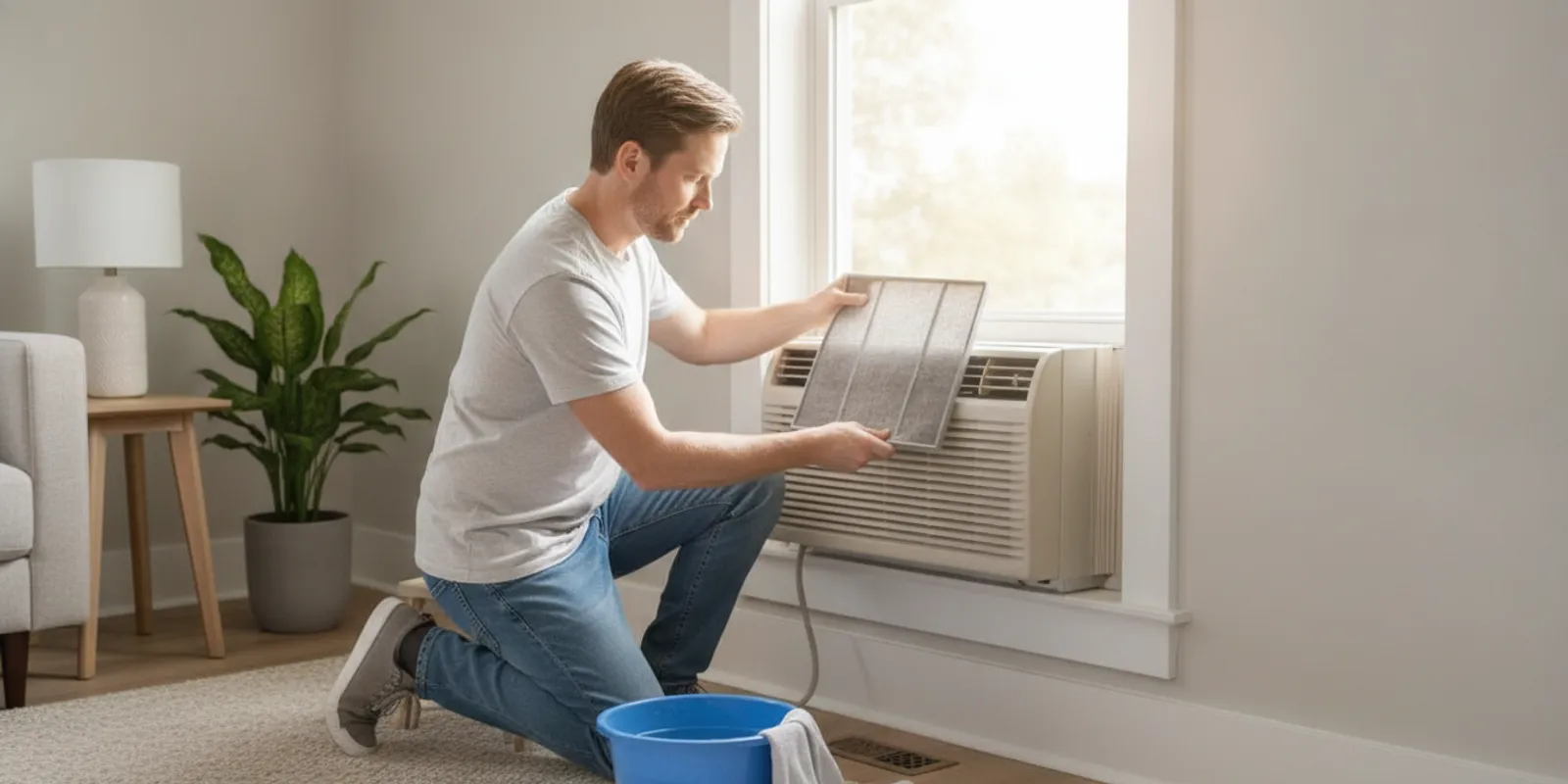 A person cleaning the removable filter of a window air conditioner beside an open window