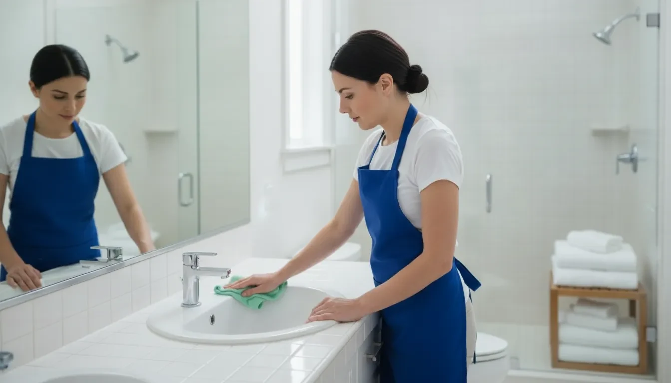 Professional cleaner wiping a bright bathroom sink and mirror