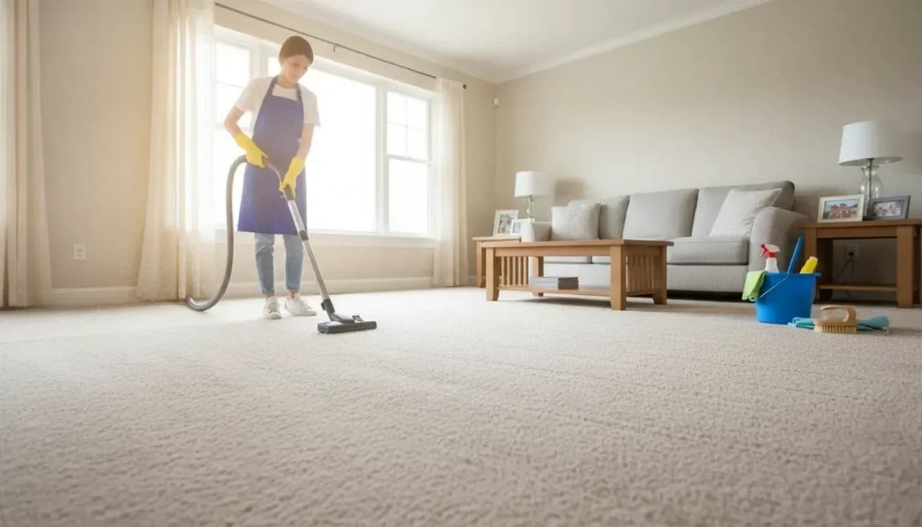 Professional cleaner vacuuming carpet in a bright family room