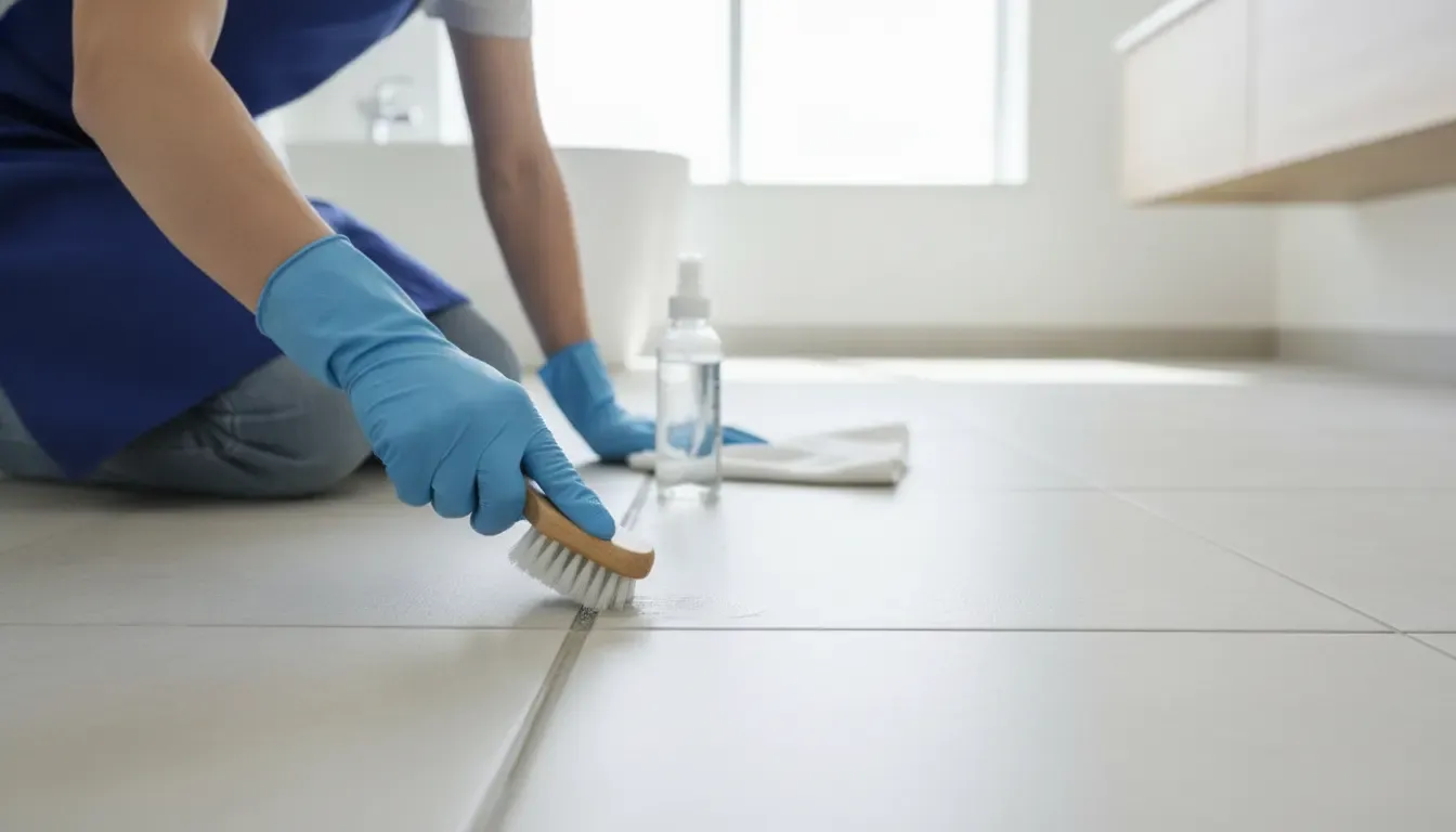 Professional cleaner gently scrubbing grout between bathroom floor tiles