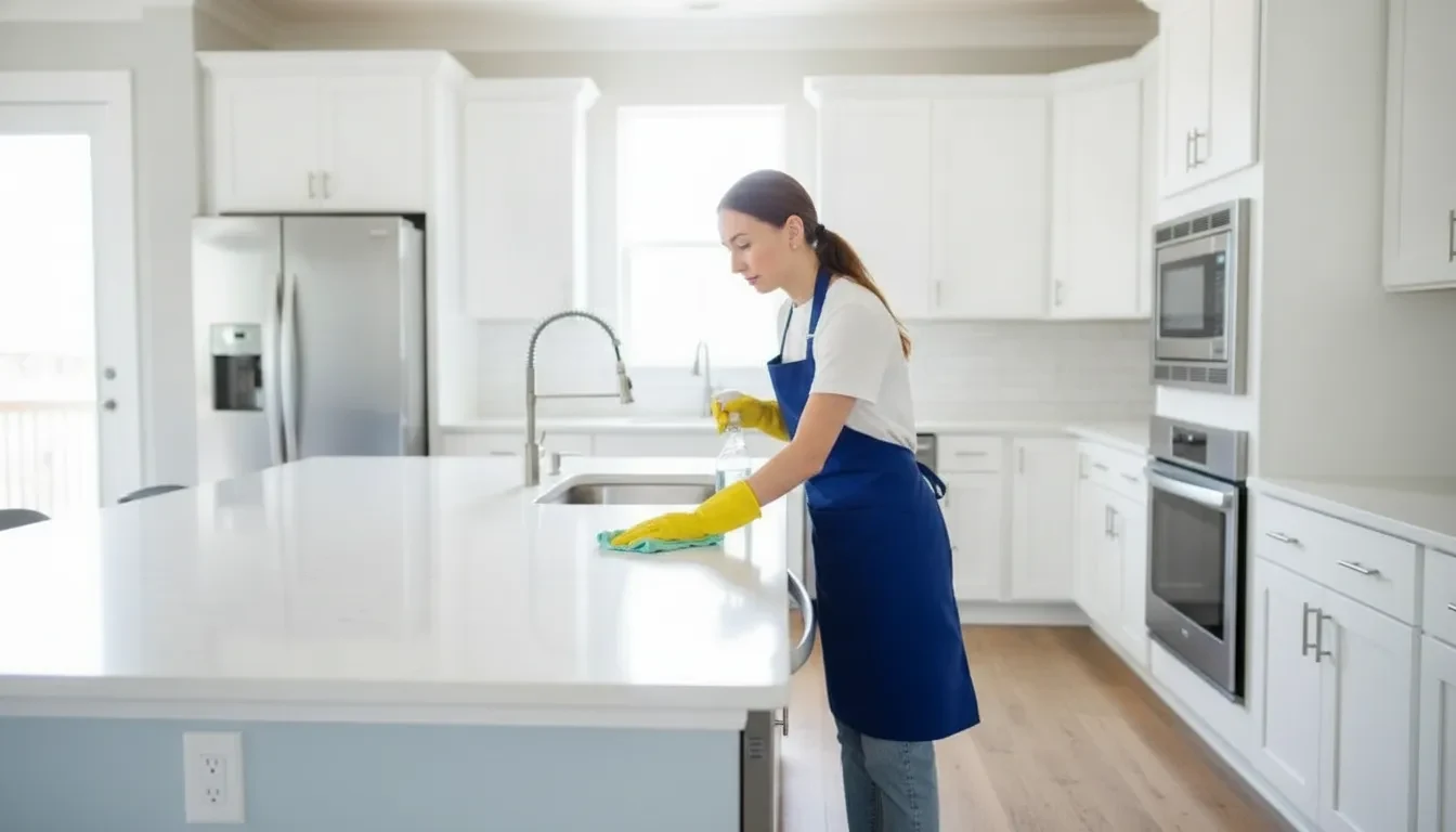 Professional cleaner wiping a bright kitchen countertop