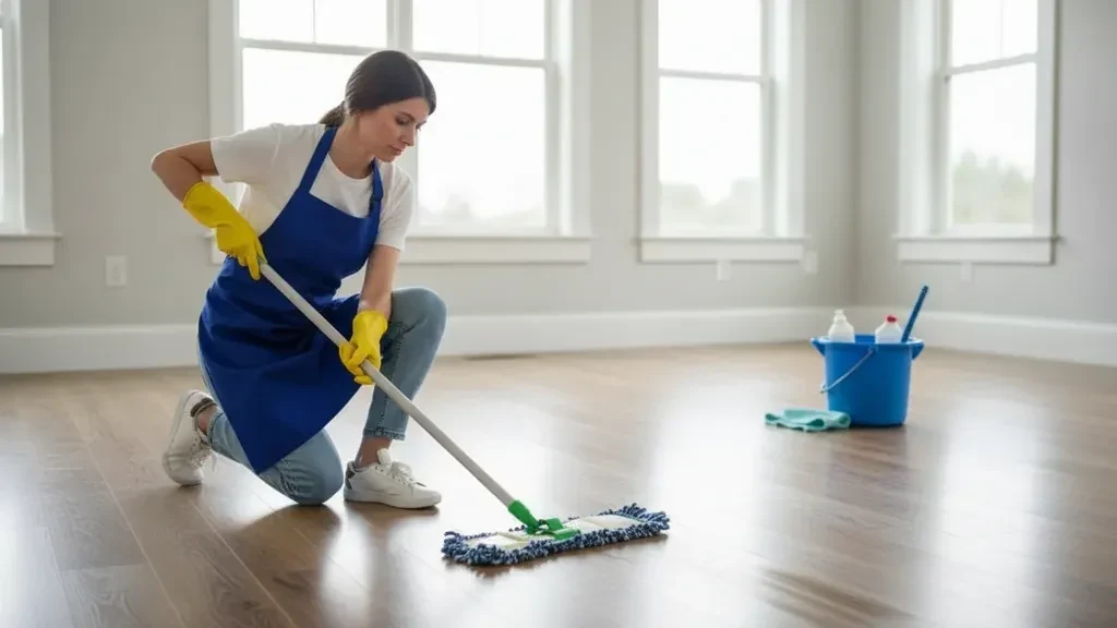 Professional cleaner mopping a laminate floor with a microfiber flat mop
