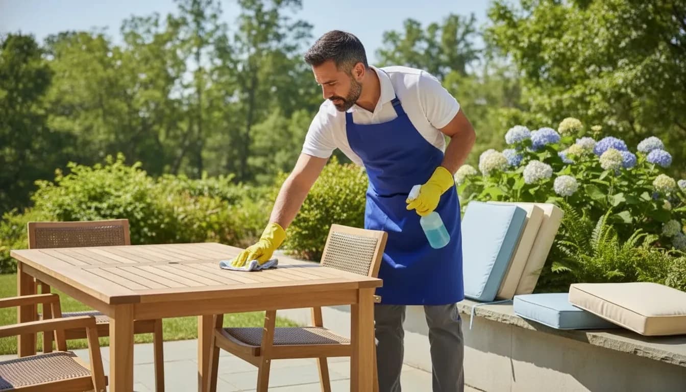 Professional cleaning worker wiping an outdoor patio table beside drying cushions