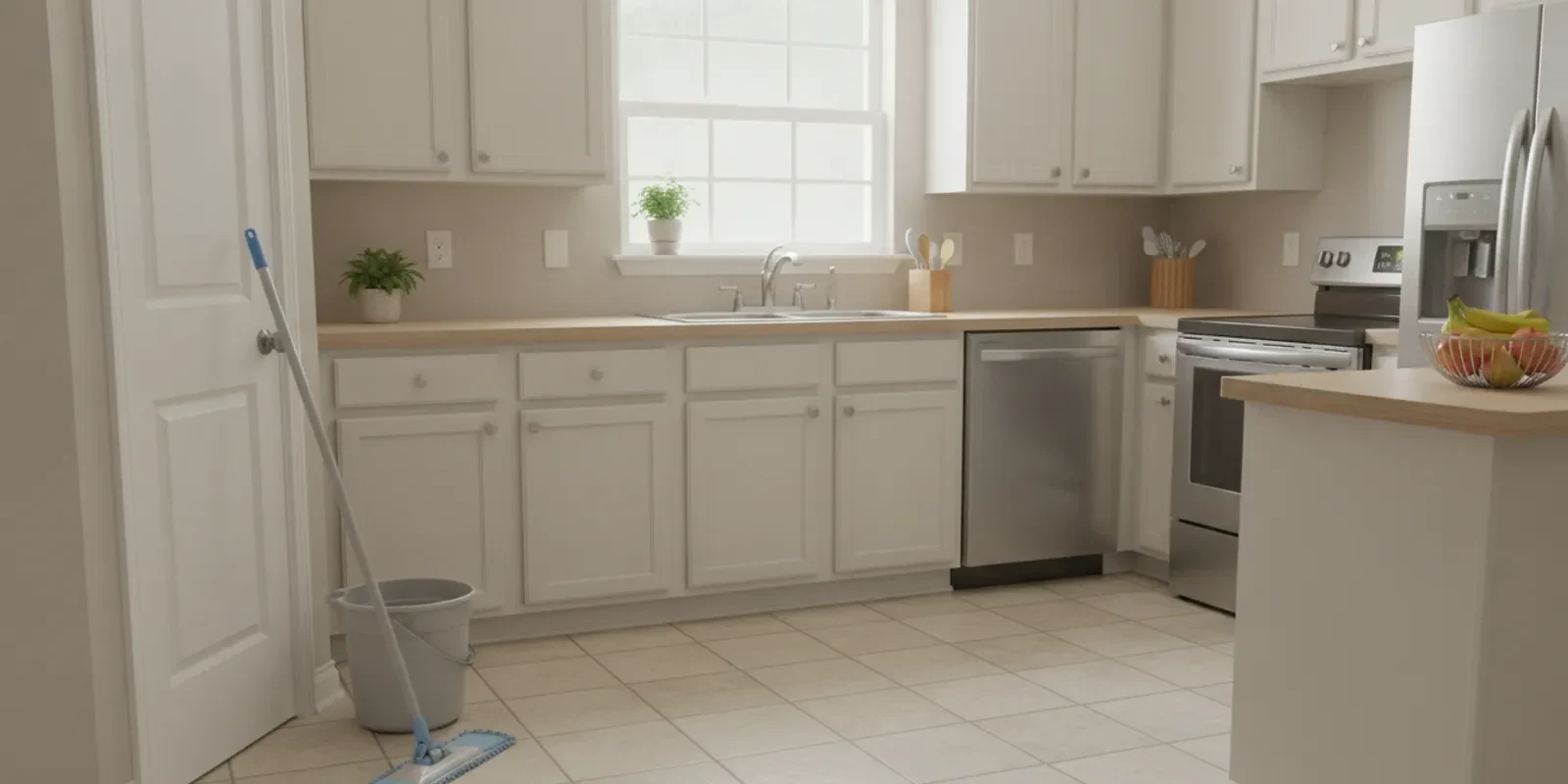 A clean tiled kitchen floor beside cabinets, with a mop and cleaning supplies nearby