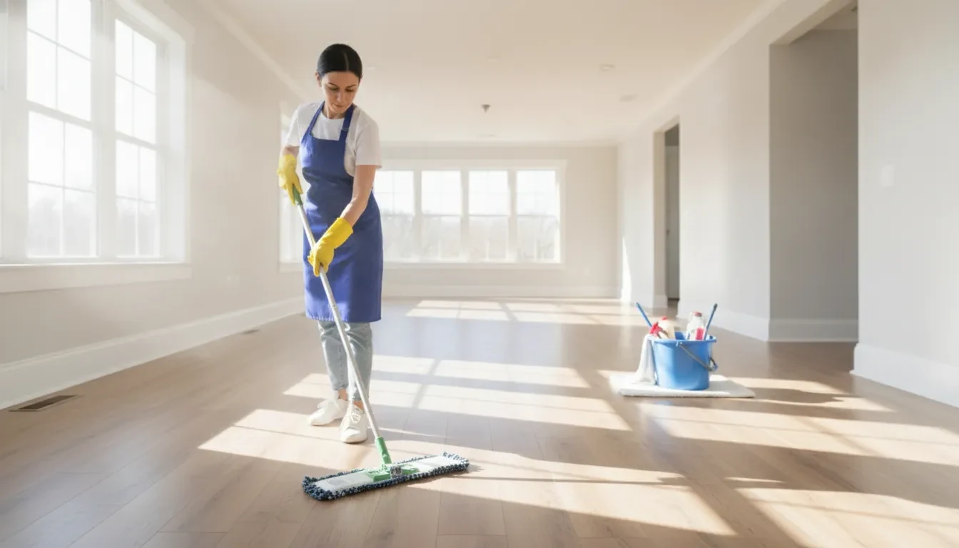Cleaner mopping vinyl floors during a safe home cleaning routine