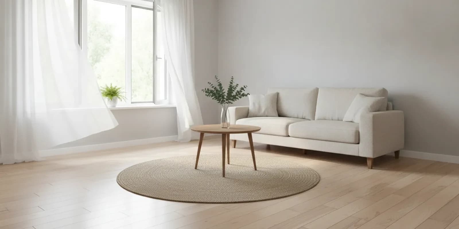 A bright, freshly aired living room with clean fabric furnishings and open windows