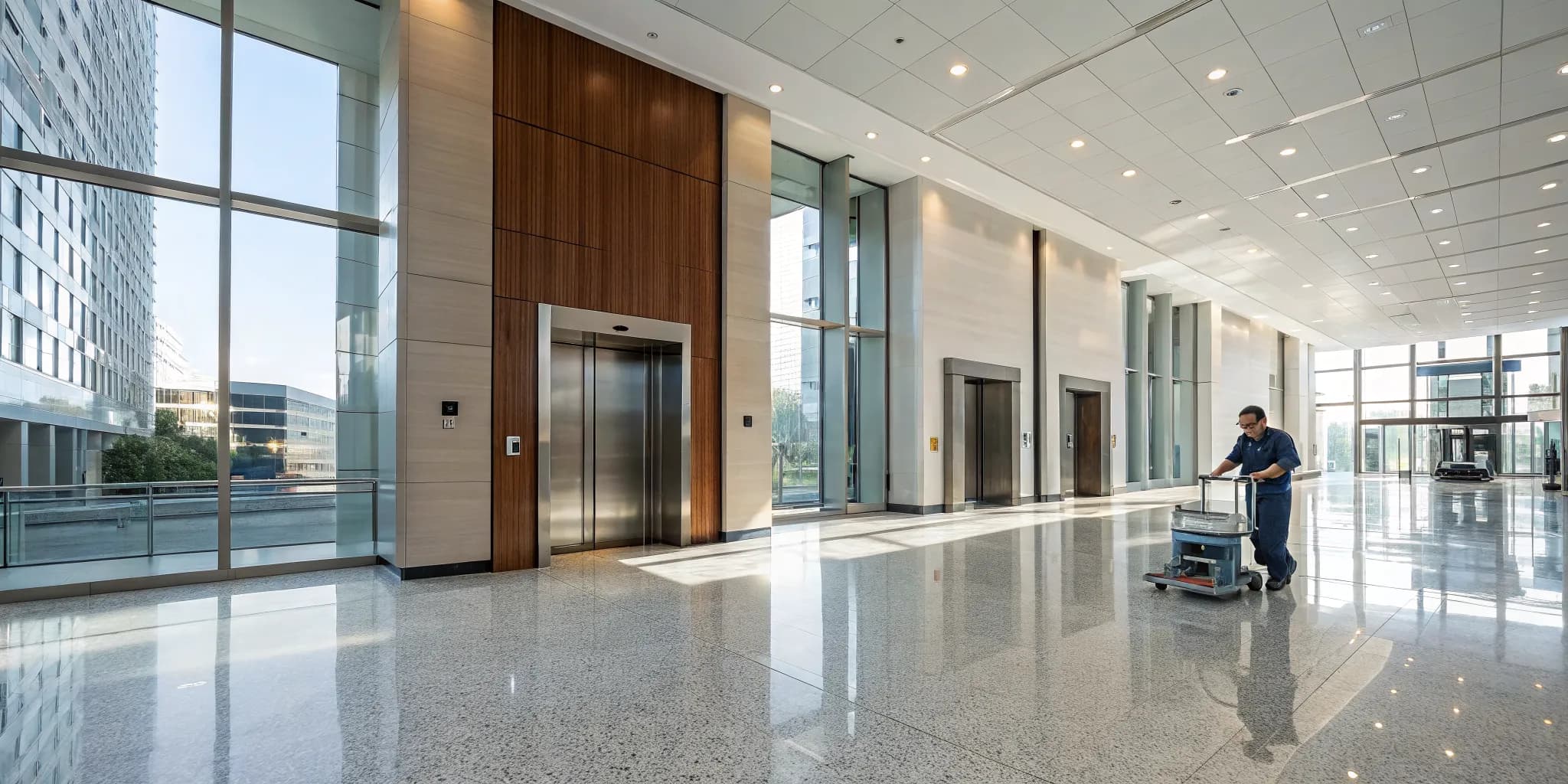 A janitorial professional cleaning the shiny floor of a modern office lobby.