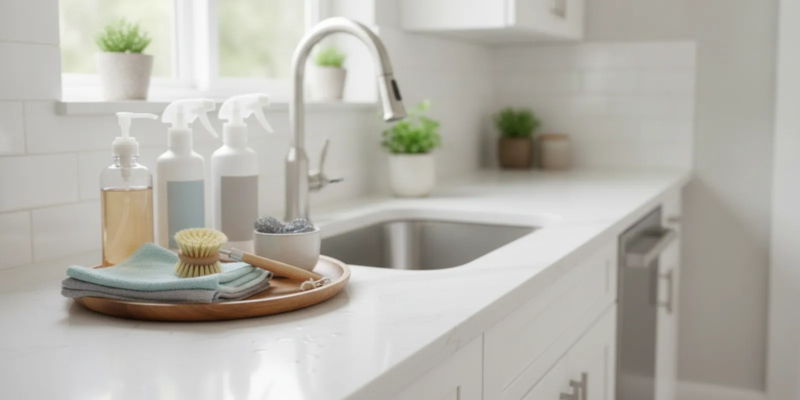 Kitchen cleaning supplies, including cloths, dish soap, and labeled spray bottles arranged beside a sink