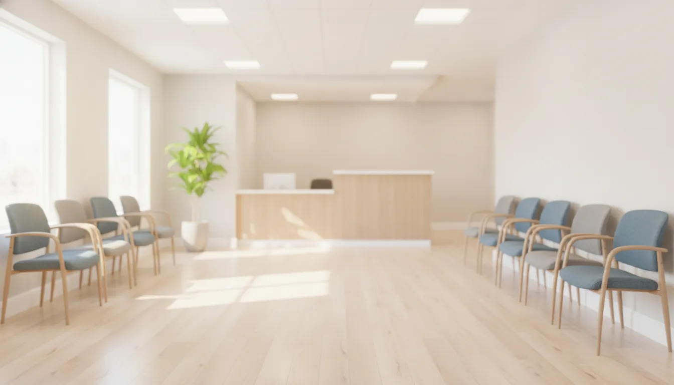 A bright, empty medical office waiting room with clean chairs and a reception counter