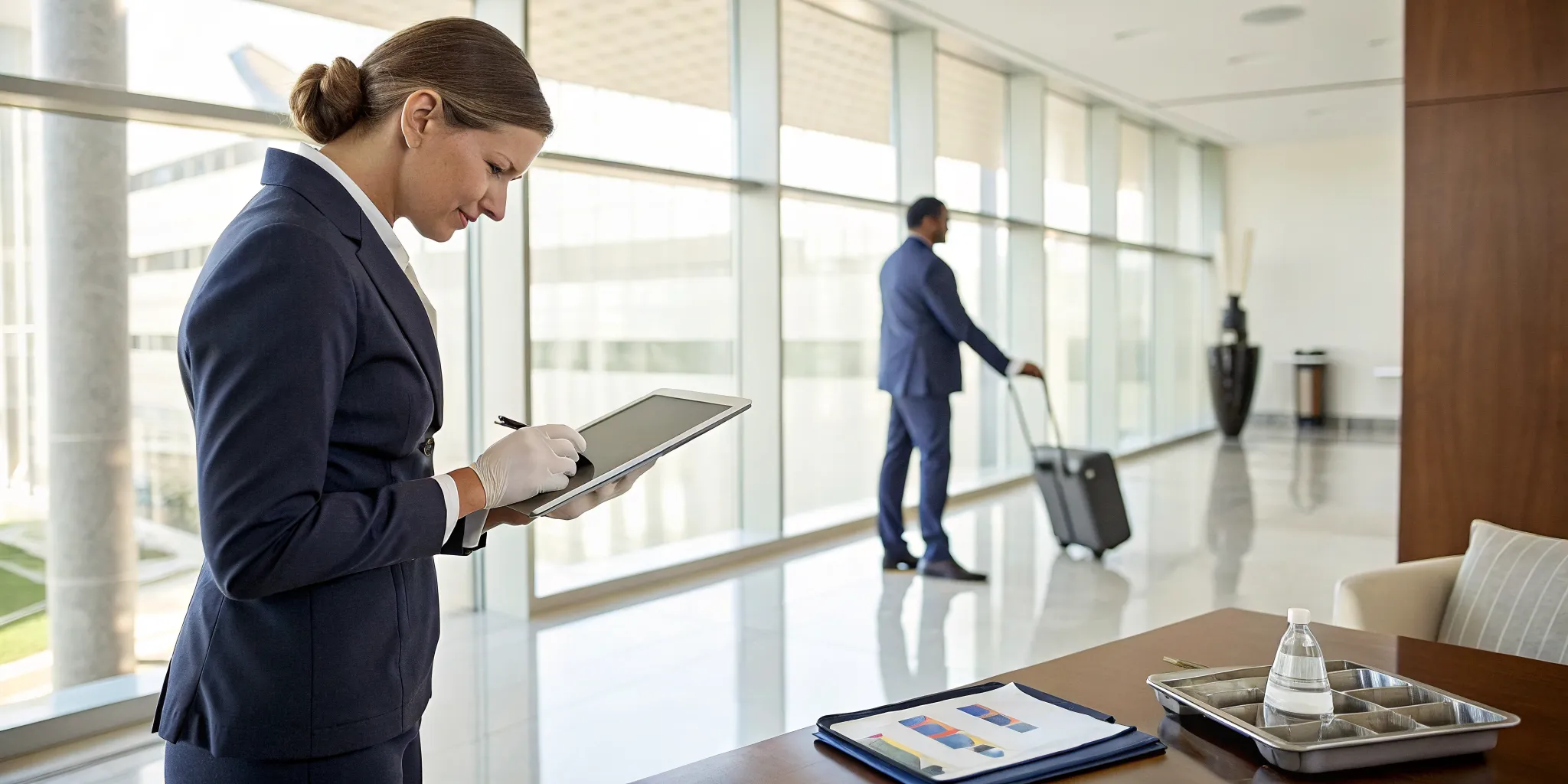 Professional cleaner calculating the monthly cleaning service cost on a tablet.