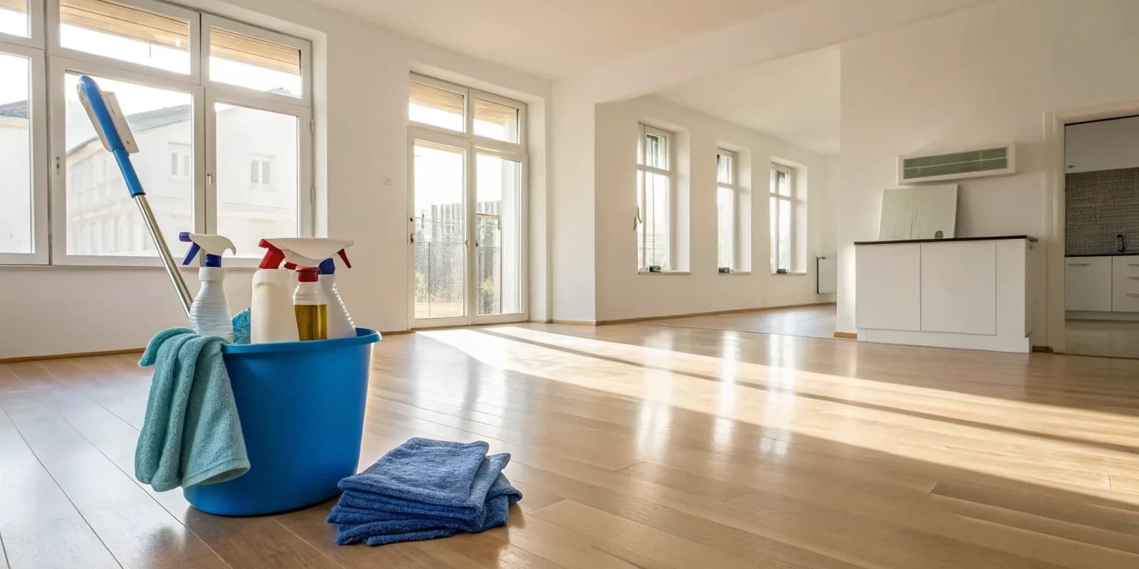 Move in deep cleaning supplies in a bucket on the floor of an empty home.