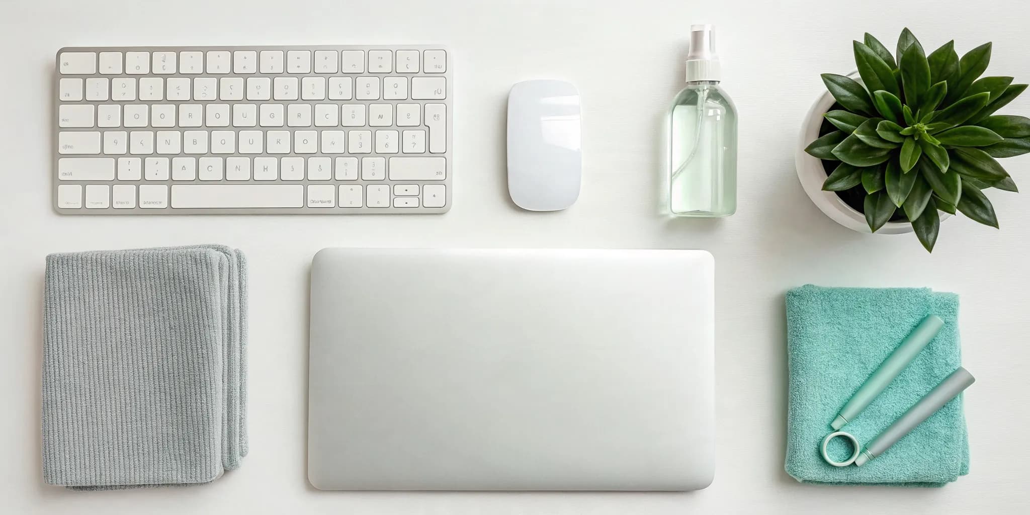 Cleaning supplies on an office desk, part of an essential office cleaning checklist.