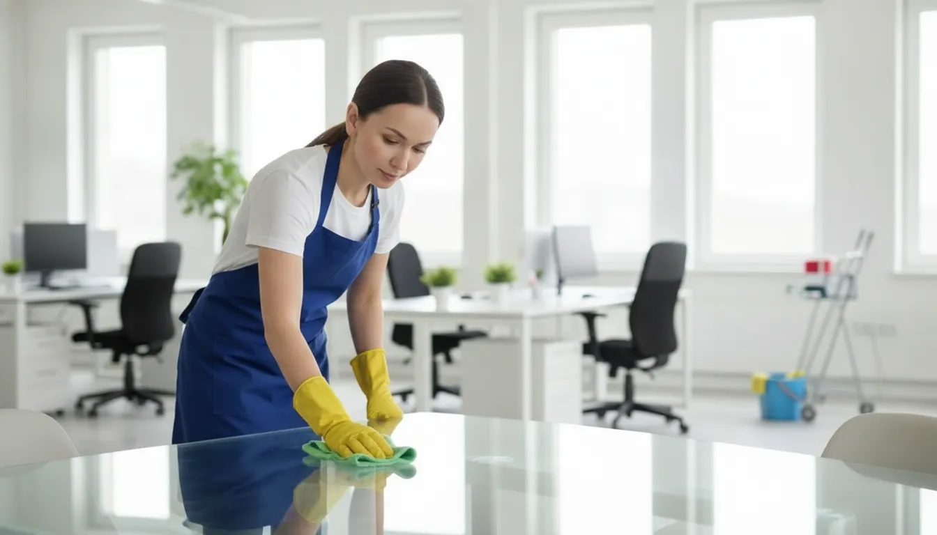 Professional commercial cleaner wiping a conference room table in a bright North Metro Atlanta office
