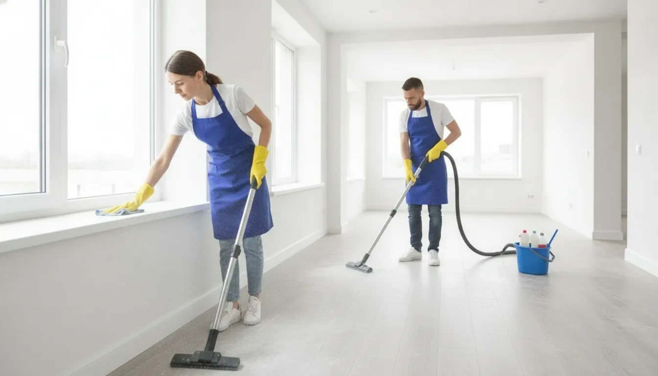 Professional cleaning crew removing fine construction dust in a bright newly finished interior