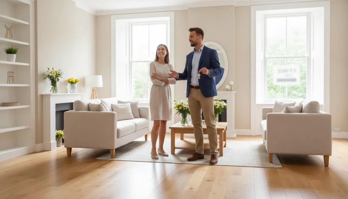 Professional realtor reviewing a freshly cleaned, staged living room before an open house