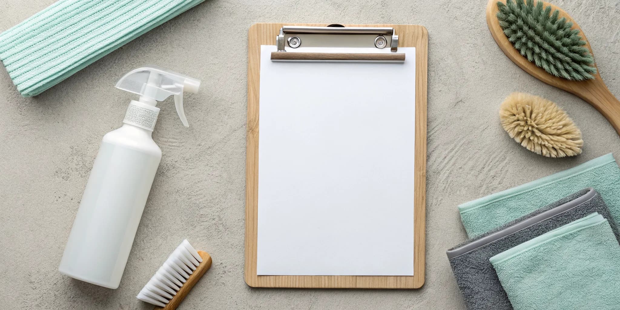 Spring cleaning checklist on a clipboard with a spray bottle, brushes, and cleaning towels.