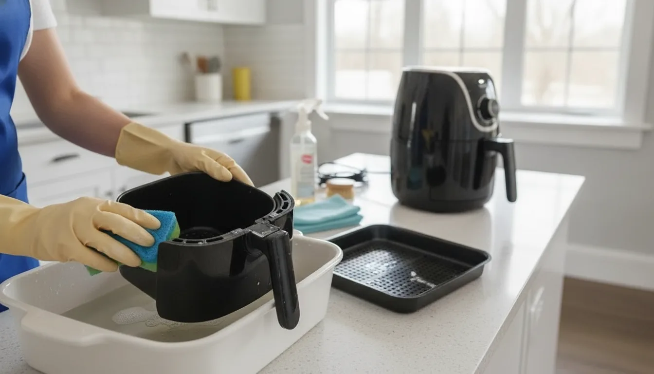 Hands gently washing an air fryer basket beside the tray in a bright kitchen