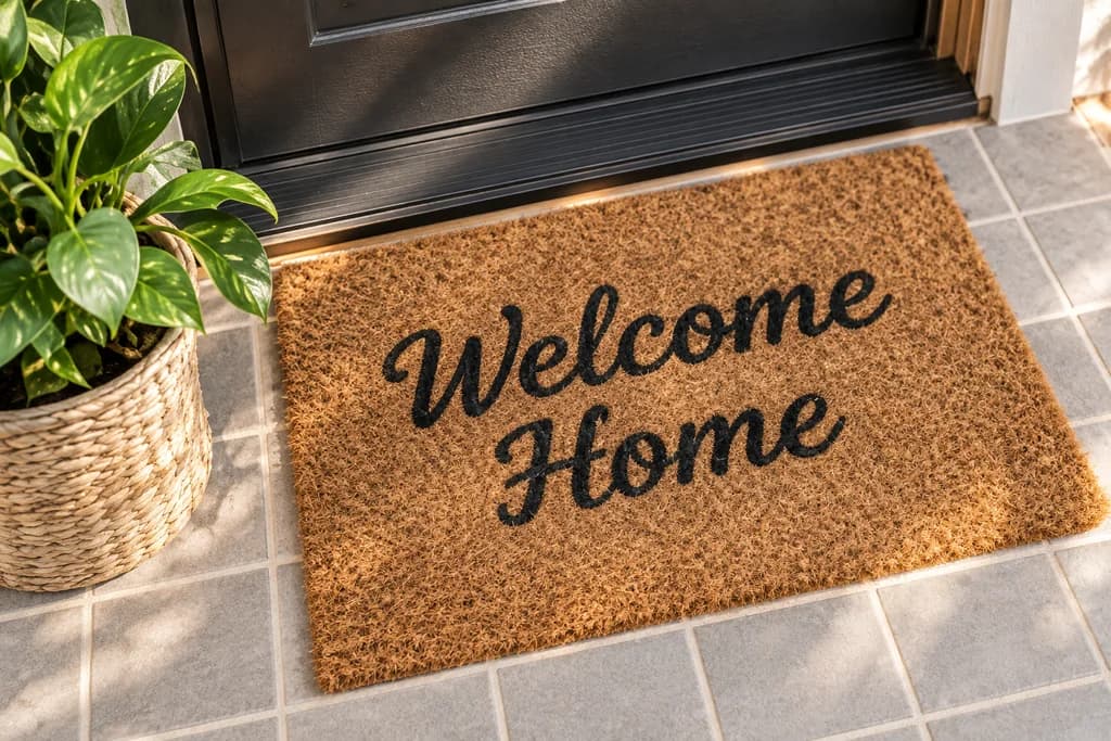 A Welcome Home doormat beside a front door and a potted plant