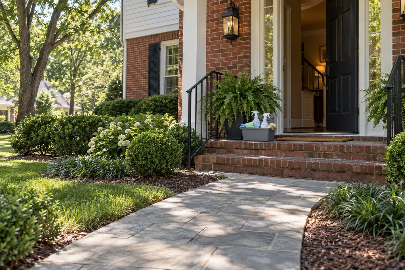 The front walk of a brick home with a cleaning caddy on the porch step