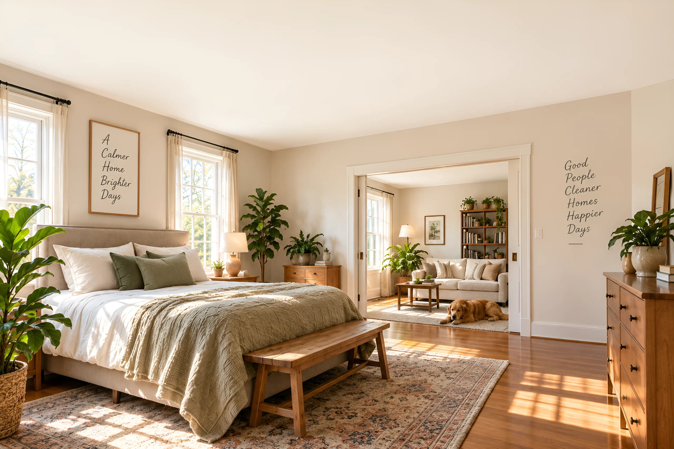 A calm, sunlit bedroom opening onto a living room where a golden retriever rests