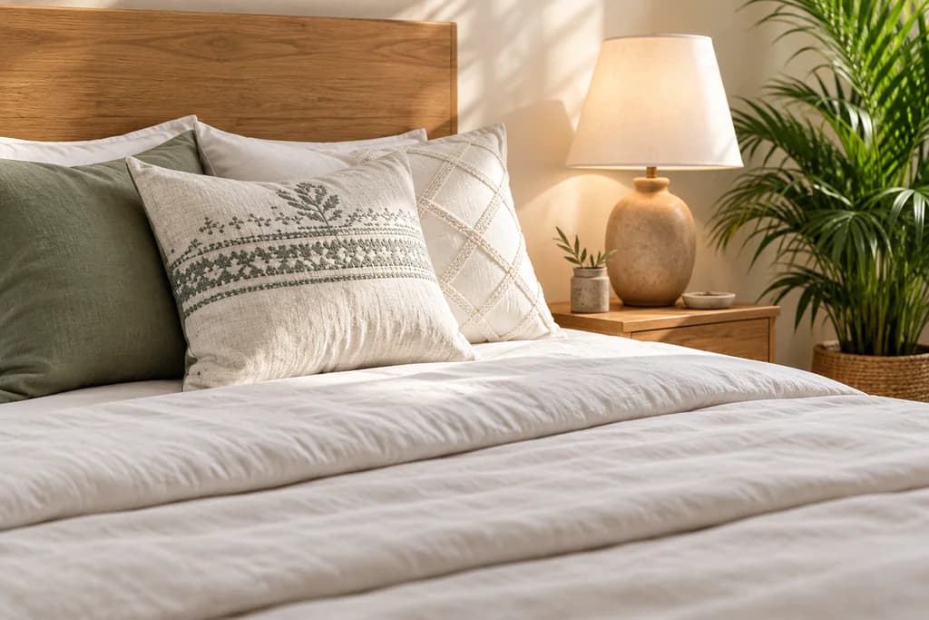 A neatly made bed with sage and embroidered linen pillows